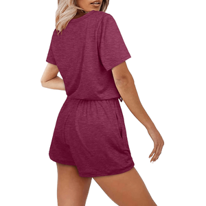 Ensemble short 2 pièces pour femme, couleur unie, coupe ample, coton, décontracté, col rond, manches courtes, au-dessus du genou, respirant, pour l'été - Product Image 1