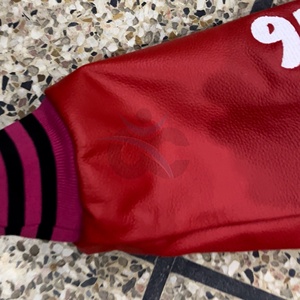 Chaqueta Varsity Negra y Roja de Buena Calidad de Marca Privada ORCAFITS con Ribete Rosa, Letra L Bordada, Cierre Frontal, Corte Regular - Product Image 5