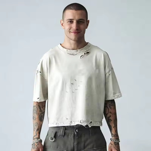 T-shirt vieilli en gros, ensembles de t-shirts d'été personnalisés pour hommes, col élastique, effet vieilli, 100 % coton, coupe oversize pour hommes - Product Image 1