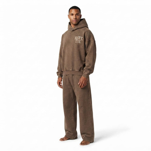 Conjunto Deportivo de Alta Calidad para Hombre, Corte Holgado, Lavado Ácido, Estilo Desgastado, Sudadera con Capucha de Felpa de Algodón de Color Sólido y Pantalones Jogger - Product Image 5