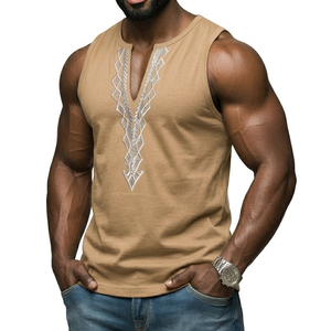 Men's Ethnic Embroidery Tank <b>Top</b> Deep Split Neck Sleeveless Muscle Tee Streetwear Fashion Custom Logo Wholesale Shirt Tank <b>Tops</b> - Product Image 3