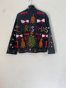 Veste en velours sur le thème de Noël de qualité supérieure pour femmes, brodée à la main avec un motif Père Noël, manches longues, manteau d'hiver pour femmes - Product Image 5