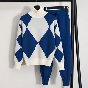 Ensemble pull et jogging en tricot Argyle pour homme grande taille, ensemble de survêtement décontracté assorti 2 pièces, pull à manches longues - Product Image 1