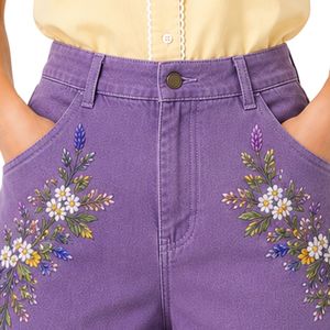 Custom Lavender Floral Embroidered Women High Waist Denim <b>Shorts</b> Casual Summer Cotton Stretch Jean <b>Shorts</b> Custom Logo Apparel - Product Image 5