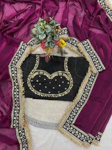 Sari en satin de soie magenta Fendy brodé avec des paillettes et une bordure en dentelle fantaisie, accompagné d'un chemisier en soie mono diamant de créateur - Product Image 5