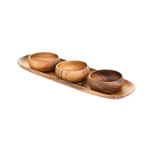 Ensemble de bols à condiments en bois d'acacia écologique faits à la main avec un long plateau pour baguette, en bois naturel durable pour sauces et accompagnements - Product Image 6