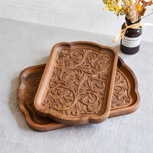 Plateau de service vintage en bois sculpté à la main, plateau rond en bois de manguier, plateau décoratif pour table basse avec poignées pour fournitures de fête - Product Image 6