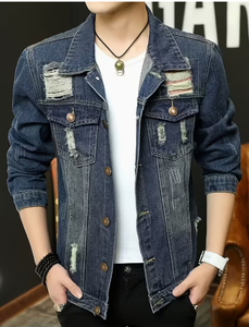 Chaqueta vaquera para hombre, azul, con lavado ácido y a la piedra, desgastada, con patchwork y rasgaduras, estilo casual urbano, cierre de botones, corte regular - Product Image 4