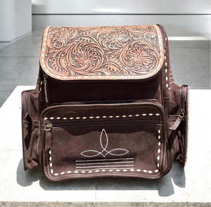 Handcrafted Suede <b>Leather</b> <b>Backpack</b> with Floral Tooled <b>Leather</b> & Cherry Design Western Boho Travel Bag - Product Image 1