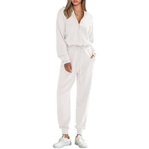 <b>Women's</b> 2 Piece White <b>Knitted</b> Eco-Friendly Pullover Hooded Sweatshirt <b>Jogger</b> Pants Winter Casual Outfit Breathable Regular Short - Product Image 1