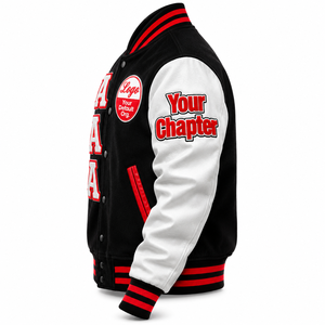 Chaqueta de la hermandad Delta con bordado de letras griegas en chenilla, lana negra, ribete rojo y detalles en cuero. - Product Image 3