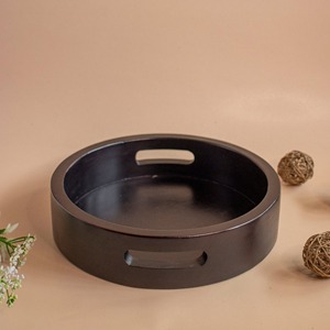 Round Wooden Serving Plate with Cutout Handles Polished Dark Wood <b>Tray</b> Decorative <b>Circle</b> Round Platter Perfect For Restaurant - Product Image 1