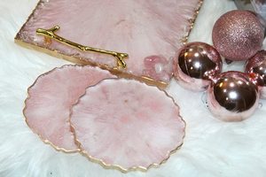 HANDMADE Pink Rose quartz Theme Resin tray, Epoxy Resin Tray with Rose Quartz Rim, White and Pink Resin Tray with gold <b>Paint</b> and - Product Image 6