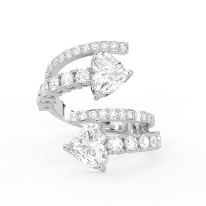 14K 18K Gold <b>Two</b> <b>Stone</b> Heart Cut Lab Grown Diamond Bypass <b>Ring</b> Contemporary Crossover Pave Accent Solitaire Engagement Band - Product Image 3