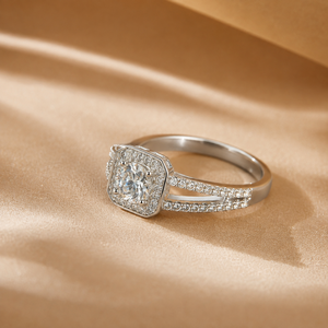 Moissanite Halo Engagement <b>Ring</b> Round Brilliant Cut 925 Silver Wedding Diamond <b>Split</b> Shank Band - Product Image 1