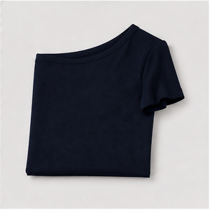 เสื้อยืดผู้หญิงสีน้ำเงินเข้มไหล่เดียวแขนสั้นทรงสลิม WTS-0120 - Product Image 5