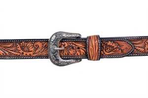Ceinture en cuir floral western avec boucle argentée, ceinture en cuir décontractée pour homme, design brodé durable - Product Image 3