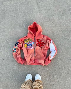 Sweat-shirt à capuche rose oversize avec fermeture éclair, appliqués, design streetwear, manches classiques, unisexe, en coton French Terry - Product Image 6