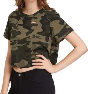Custom Women’s <b>Distressed</b> Crop T-Shirt Short Sleeve Camouflage Print Summer <b>Top</b> - Product Image 4