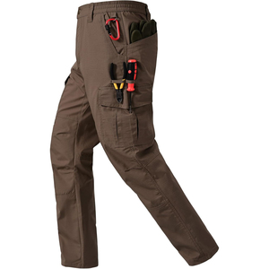 Pantalon cargo de travail marron pour homme avec plusieurs poches, taille élastique, tissu en toile respirant, coupe droite, style printemps - Product Image 1