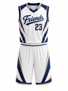 Basketball Uniform Set White <b>Navy</b> Gold Sublimated Sleeveless V-Neck Breathable Polyester Men's Athletic Wear - Product Image 1