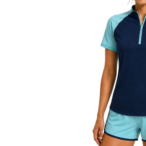Ensemble de t-shirt et short de sport pour femme bleu marine et aqua, à demi-zip, séchage rapide, manches courtes, vêtements de sport, gym, fitness, course à pied, entraînement - Product Image 3