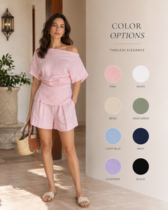 OEM Custom Women Bohemian Pink <b>Linen</b> Cotton Two Piece Outfit One Shoulder Blouse Tops Pleated Shorts <b>Set</b> Summer Matching XL - Product Image 2