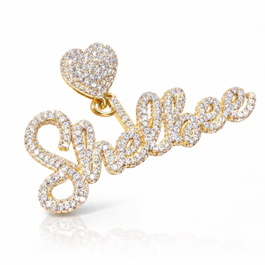 Men's Hip Hop 10K <b>Solid</b> Gold Plated Iced Custom Cursive Name Letter <b>Necklace</b> Heart Clasp Natural Diamond Romantic Pendant Gift - Product Image 1