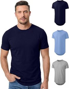 Camiseta de Manga Corta para Hombre, Cuello Redondo, Color Sólido, Corte Regular, Tejido de Punto, Diseño Liso, Largo Extendido, Gris, Azul Marino - Product Image 2