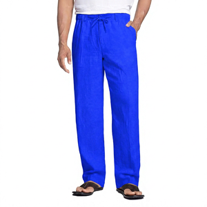 Pantalon décontracté pour homme en lin/coton beige, plissé devant, fermeture à cordon, léger, respirant, pantalon d'été avec poches latérales - Product Image 3