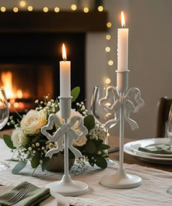 Trendy Pink <b>Bow</b> Metal Taper Candle <b>Holder</b> Set – Custom Wholesale Coquette Candle Stand for Home & Tabletop - Product Image 1