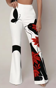 Hardhoodi Interination Women High Waist <b>Flare</b> Pants <b>White</b> Black Red Floral Print Elastic Waist Full Length Fashion <b>Trousers</b> Four - Product Image 3
