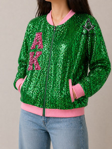 Custom Letterman <b>Sequin</b> Embroidery In Green Ladies Baseball Varsity <b>Jacket</b> | Sorority Greek Apparel By Heritage Masonic Regalia - Product Image 3