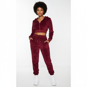 Conjunto de chándal de terciopelo con pedrería y lavado ácido, estilo streetwear, de algodón, con pantalones acampanados y sudadera con capucha con cremallera, color liso deslavado, para invierno - Product Image 1