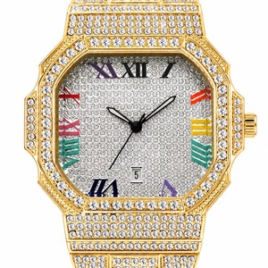 Montre de luxe unisexe en or jaune avec diamants, boîtier octogonal, mouvement à quartz analogique, cadran à chiffres romains, bracelet avec fermoir, 44 mm - Product Image 2