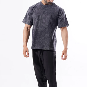 T-shirt en coton décontracté à col rond et manches courtes pour homme, coupe régulière, couleur unie, effet délavé, tricot jersey, noir et gris, vente en gros 2026 - Product Image 5