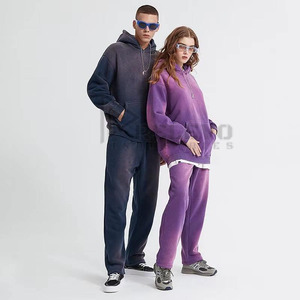 Custom High Quality Regular Printed Acid Wash <b>Tracksuit</b> Set Vintage Sun Faded Wash Hoodie Sweatpants 100% Cotton Streetwear - Product Image 3