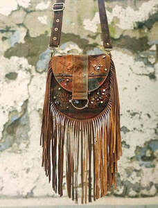 Sac bandoulière carré en cuir de vachette style safari, très tendance, avec franges et pompons, pour filles, en cuir de vachette à poils apparents - Product Image 2