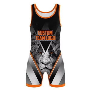 Trajes de lucha libre de diseño personalizado para entrenamiento y competición, talla grande, color naranja y negro con bloques de color. - Product Image 2