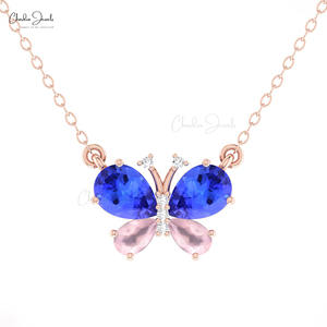 Collier en or fin 14 carats avec quatre pierres précieuses tanzanite et quartz rose de 7x5 mm, pendentif papillon serti de diamants blancs - Product Image 6
