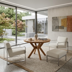 Table de salle à manger ronde en teck massif pour intérieur et extérieur, plateau à lattes, pieds en forme de croix, teck naturel, meubles de terrasse - Product Image 3