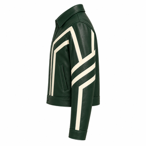 Chaqueta Bomber de Cuero Genuino Verde para Hombre, Diseño Geométrico con Bloques de Color, Cuello Camisero, Cierre de Cremallera, Estilo Urbano Ecológico - Product Image 4