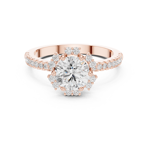 Anillo de Moissanita Redonda Color D con Halo de Diamantes y Acentos Pavé, Chapado en Oro Rosa sobre Plata, Regalo de Aniversario para Esposa - Product Image 1