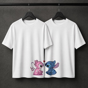 Matching Couple Graphic <b>T</b> <b>Shirts</b> Custom Cute Blue Pink <b>Alien</b> Cartoon Print White Short Sleeve Unisex Crew Neck Casual Streetwear - Product Image 1