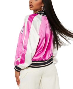 Luxury Womens Satin Silk Varsity Jacket Embroidered Letterman Jacket Custom Private Label OEM Fashion Outerwear - Product Image 4