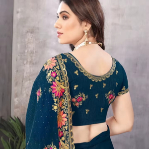KV Traditional Party Rayon Unstitched Georgette Blouse Material Embroidered Saree Wrinkle-Free Reversible Quick-Dry - Product Image 1
