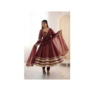 Robe exclusive en dentelle dorée Cosmos Kali avec bonnets intégrés, manches longues, doublure en micro-coton, bas de robe ample et volumineux, dupatta eth - Product Image 1