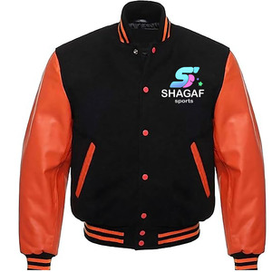 Chaqueta Varsity para Hombre SHAGAF, Negra y Naranja, Mangas de Cuero PU, Cuello Camisero, Ropa Deportiva Casual de Otoño, Logotipo Estampado en la Parte Delantera - Product Image 1