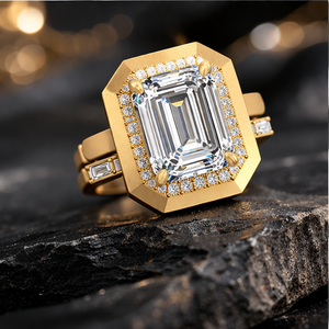 แหวนหมั้นและแต่งงานทรงเหลี่ยมประดับเพชรโมอิสซาไนต์ทรงเอเมอรัลด์คัท ทองคำขาว 14K ดีไซน์วินเทจทันสมัยสำหรับผู้หญิง - Product Image 2