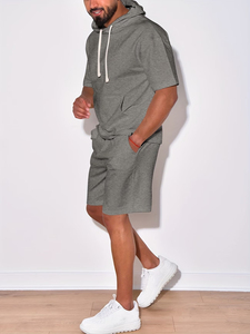 <b>Men's</b> <b>Orange</b> Crew Neck <b>Sweatshirt</b> and Shorts Set Solid Color Knitted Breathable Casual Summer Outfit - Product Image 1